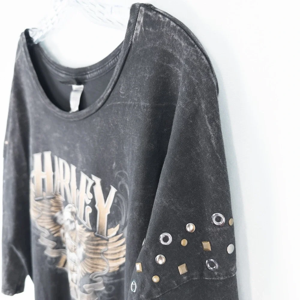 Harley Davidson Womens XL Marquette MI Forever Bald Eagle Studded 3/4 Sleeve Top - Picture 10 of 16